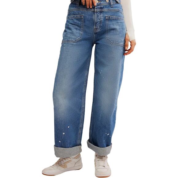 We The Free People Womens Palmer Cuffed Jeans Size 28 Distressed Paint Wide Leg - Picture 1 of 15